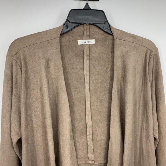 Mod Ref Jacket Brown Faux Suede Open Front Waterfall Long Sleeve - Picture 3 of 9